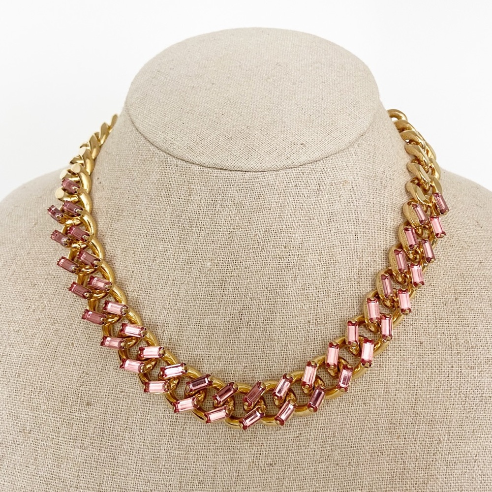 Carolee Gold Tone Curb Chain Statement Necklace Pink Baguette Crystal Chunky NWT